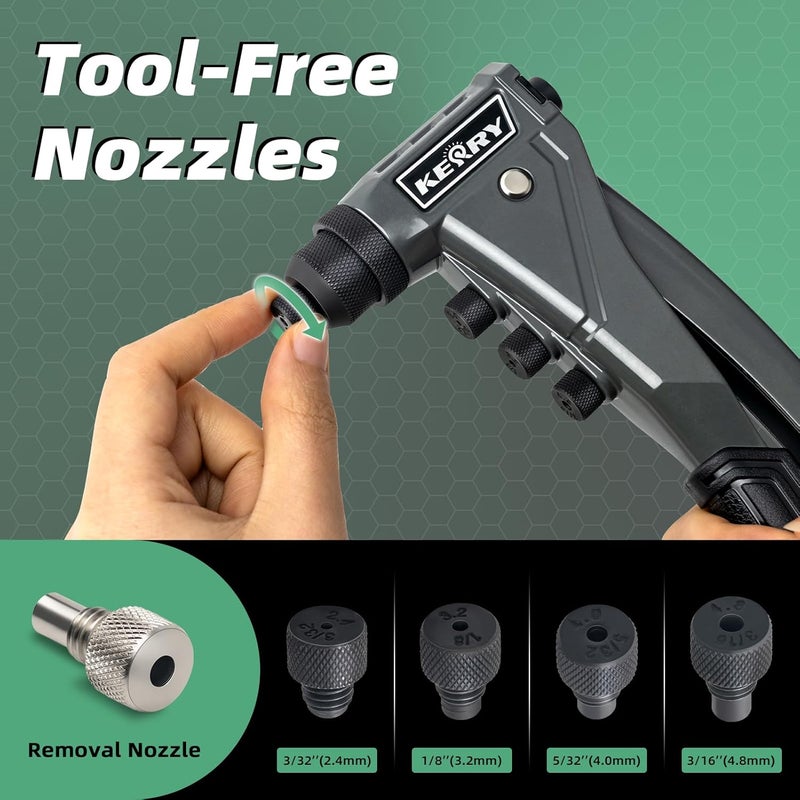 KERRY One-Handed Rivet Gun, 3/32" 1/8" 5/32" 3/16" Pop Rivet Gun Set, Manual Riveting Tool with 9.6" Extended Handle, 200 Rivets, 4 Tool-Free Interchangeable Heads, Profeesional Hand Riveter - Image 3